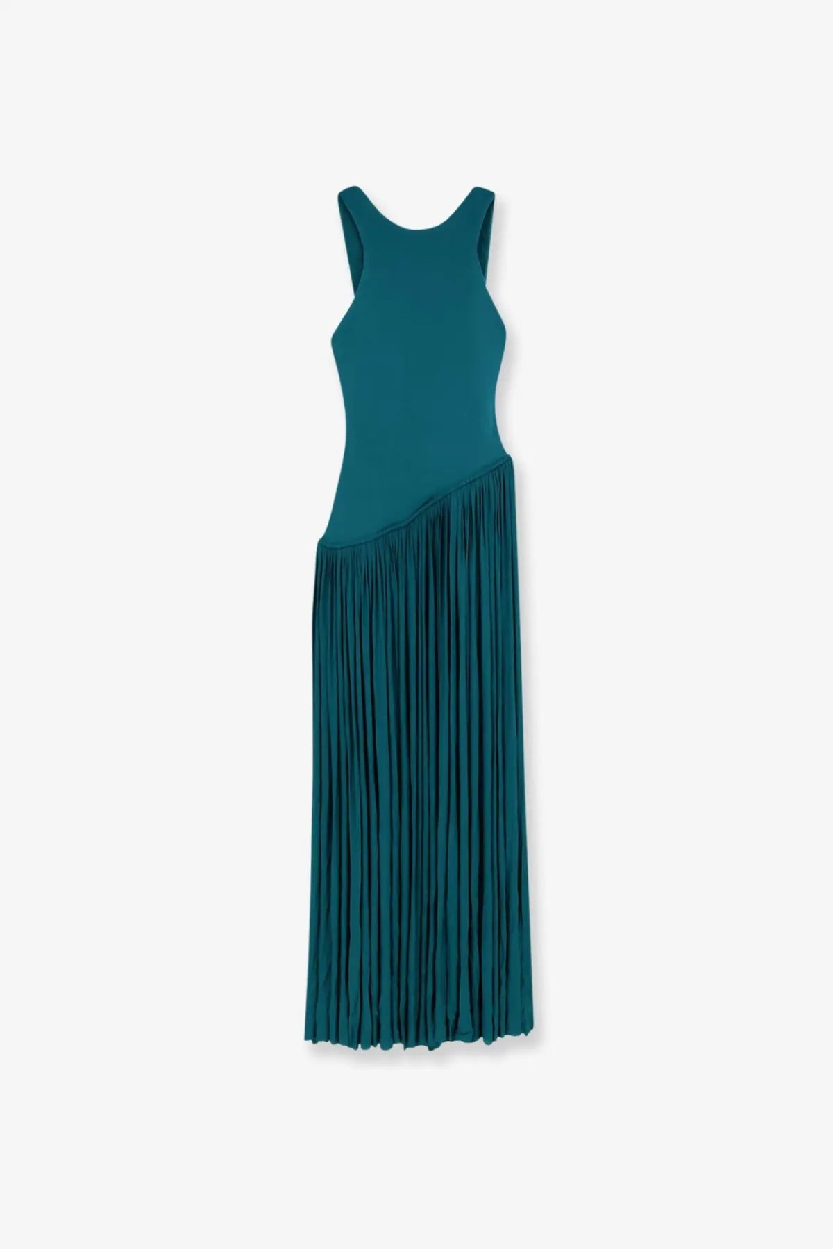 Zimmermann women’s luna asymmetric jersey dress blue teal sleeveless maxi with fitted bodice and flowing pleated skirt