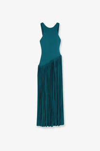 Zimmermann women’s luna asymmetric jersey dress blue teal sleeveless maxi with fitted bodice and flowing pleated skirt