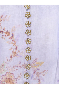 Zimmermann women’s luna button linen dress blue features gold-toned floral buttons with white center accents on light lavender fabric