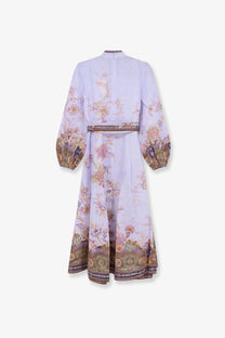 Zimmermann women’s luna button linen dress blue with lavender floral print midi length long sleeves and matching belt