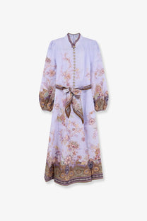Zimmermann women’s luna button linen dress in blue with lavender floral print long puffed sleeves and brown belt