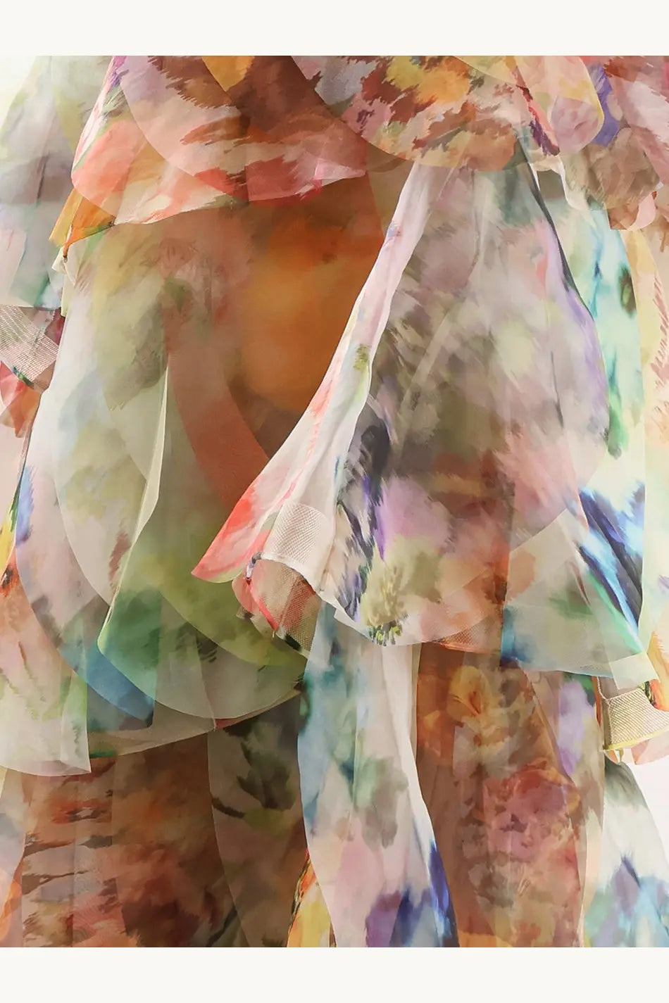 Zimmermann women’s luna fanned maxi skirt gold featuring a layered translucent dress with pastel floral print