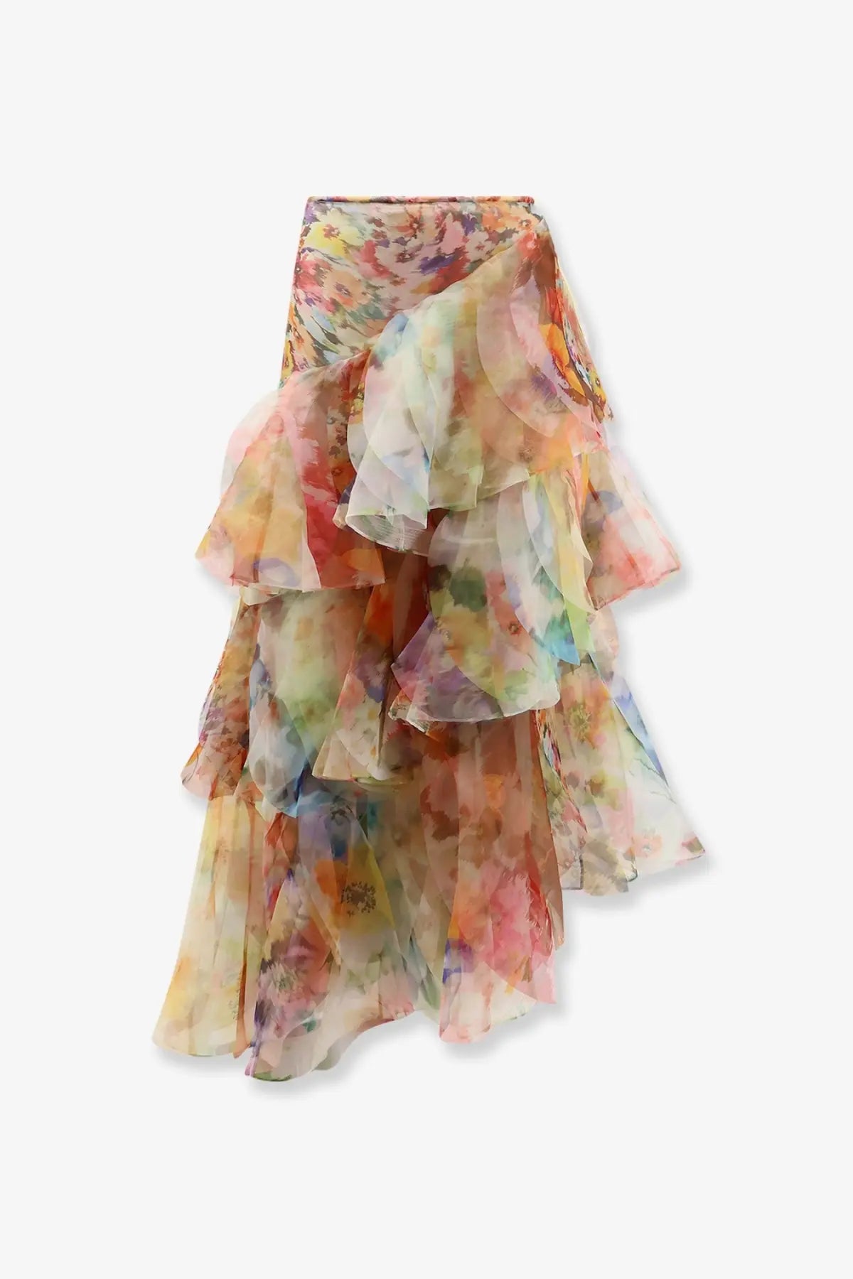 Zimmermann women’s luna fanned maxi skirt with flowing multi-layered floral design in pastel pink peach and mint green