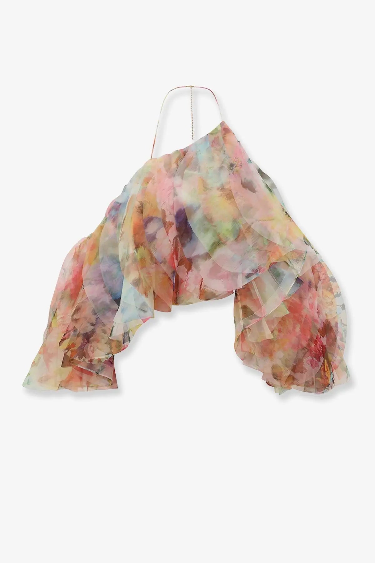 Zimmermann women’s luna fanned multicolor sheer floral wrap top with layered ruffles in pastel pink peach and lavender