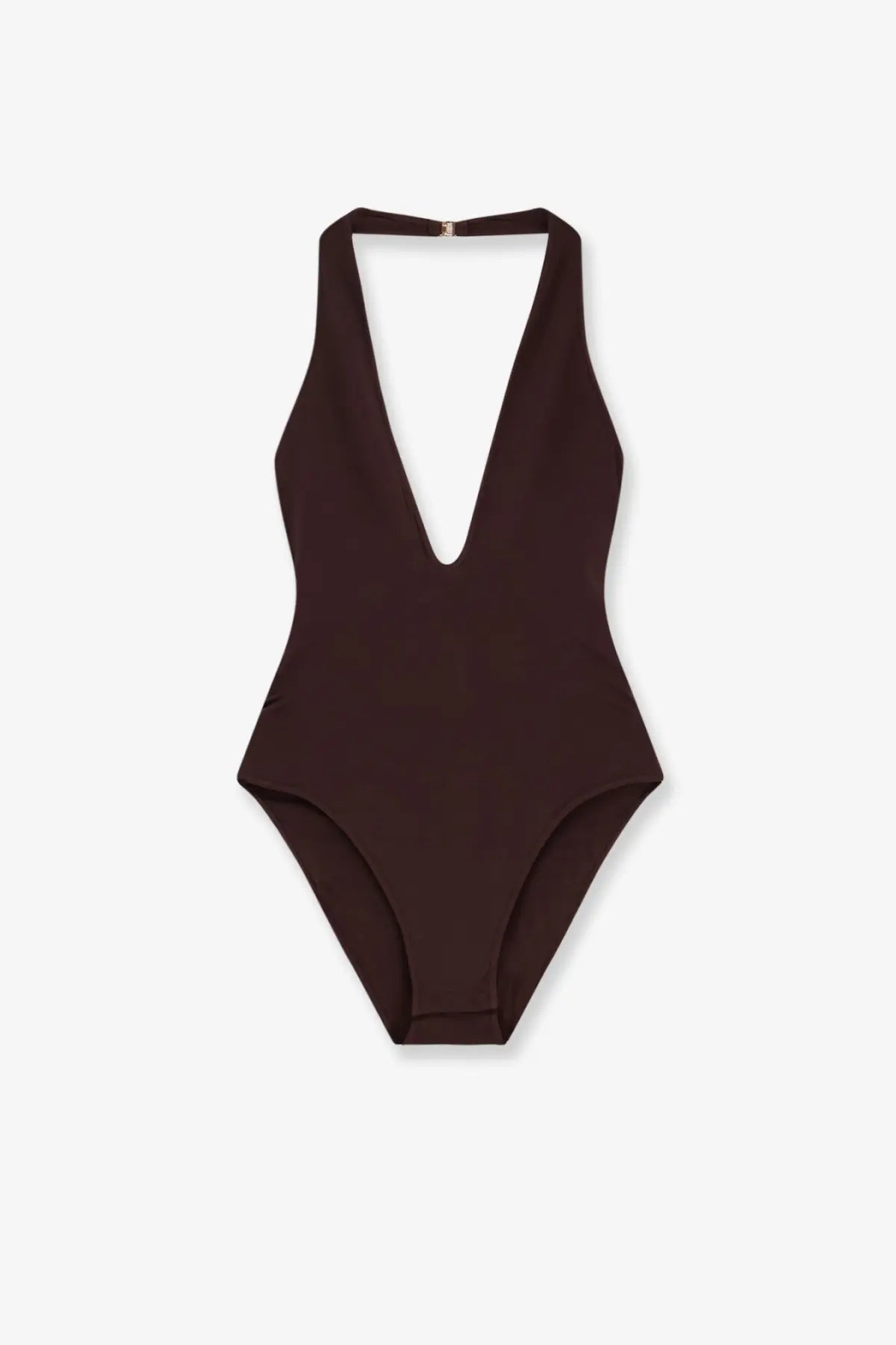 Zimmermann women’s luna halter bodysuit brown dark brown one-piece swimsuit with halter neckline and deep v cut back shown from back