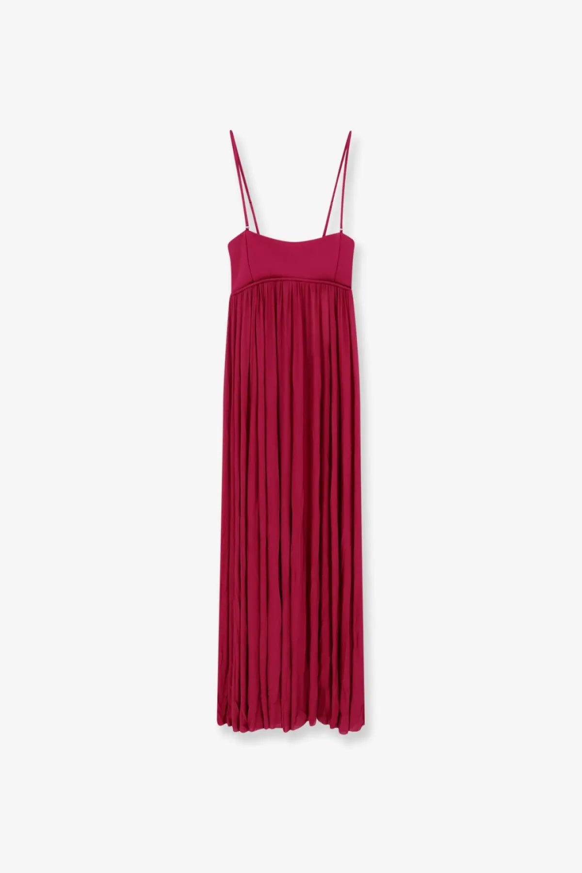 Zimmermann women’s luna jersey dress in deep red with flowing pleated maxi skirt and thin spaghetti straps