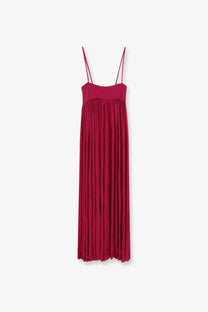 Zimmermann women’s luna jersey dress in deep red with flowing pleated maxi skirt and thin spaghetti straps