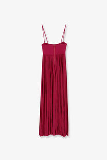 Zimmermann women’s luna jersey dress pink deep red pleated maxi with thin straps and front zipper closure