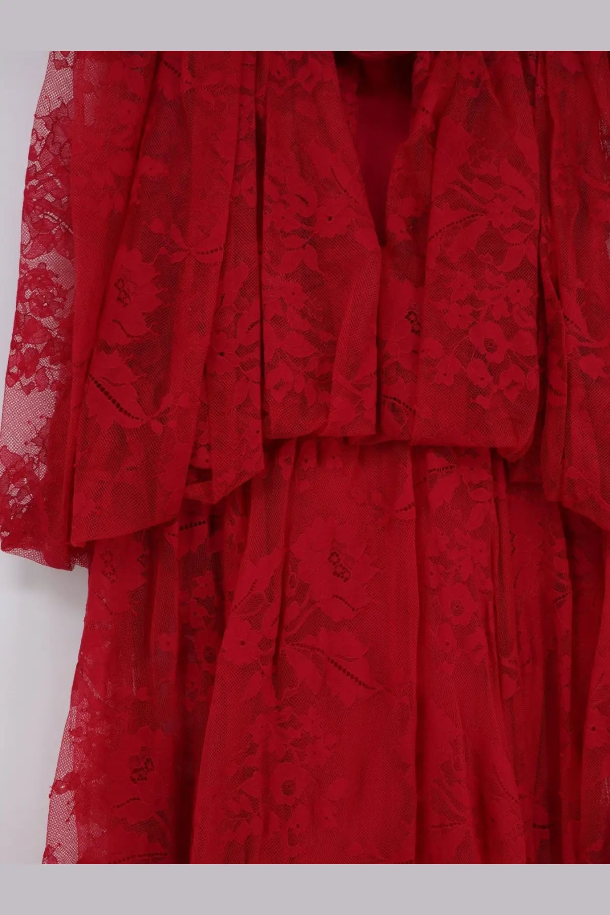 Zimmermann women’s luna lace dress fucsia in vibrant red with layered flowing sleeves and delicate floral pattern