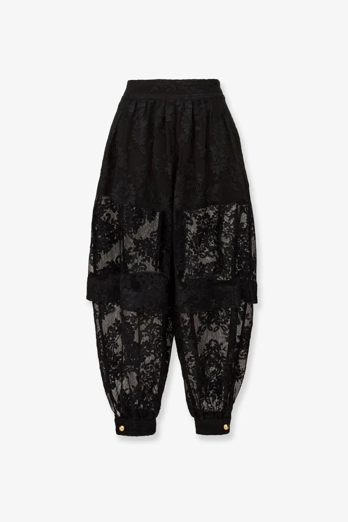 Zimmermann women’s luna lace harem pant black features high-waisted elastic band and gold-tone button cuffs