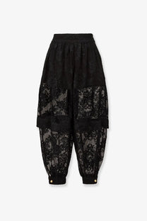Zimmermann women’s luna lace harem pant black features high-waisted elastic band and gold-tone button cuffs