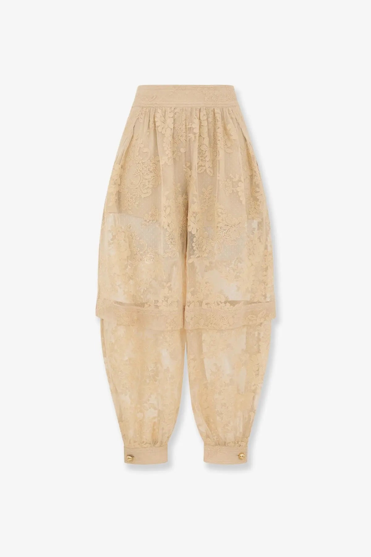 Zimmermann women’s luna lace harem pant white beige lace pants with floral embroidery and elastic waistband