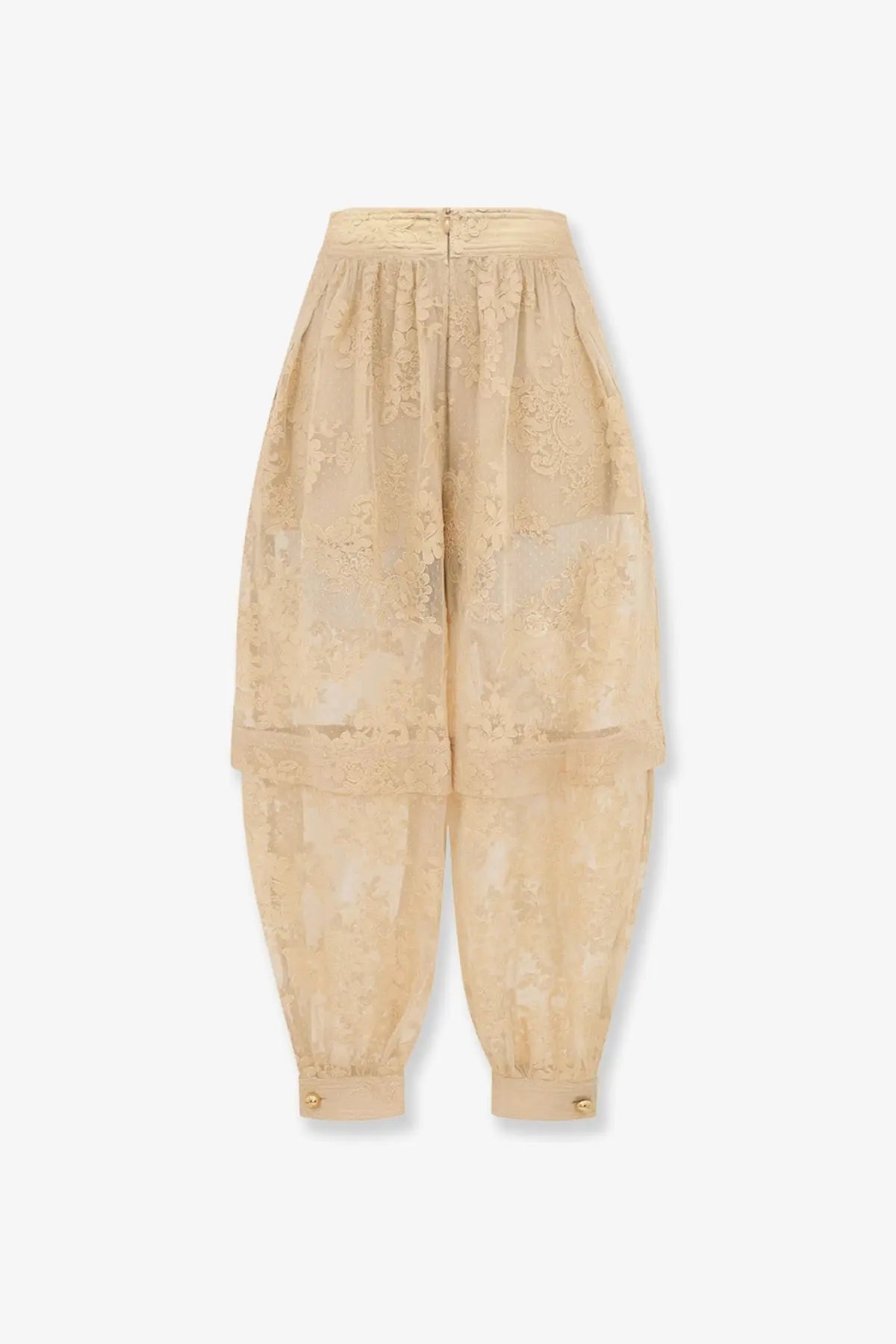 Beige Zimmermann women’s Luna lace harem pant with high waist and gathered flowing lace silhouette