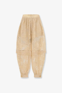 Beige Zimmermann women’s Luna lace harem pant with high waist and gathered flowing lace silhouette
