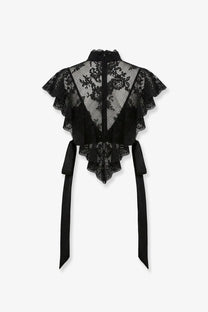 Zimmermann women’s luna lace top black with floral pattern ruffled short sleeves and back ties shown from the back