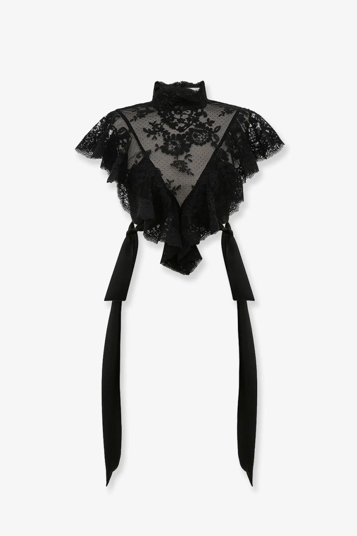 Zimmermann womens luna lace top black with ruffled sleeves and tied ribbon ties in delicate lace fabric