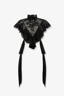 Zimmermann womens luna lace top black with ruffled sleeves and tied ribbon ties in delicate lace fabric