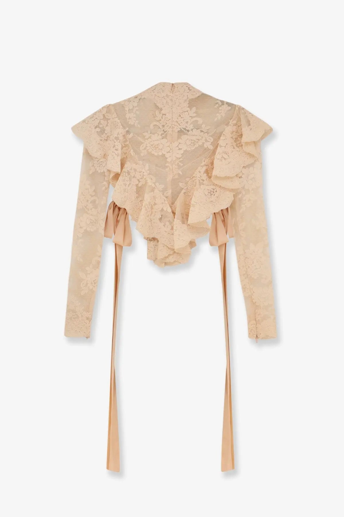 Beige Zimmermann women’s luna lace crop top with ruffled sleeves and matching tie straps in lightweight lace