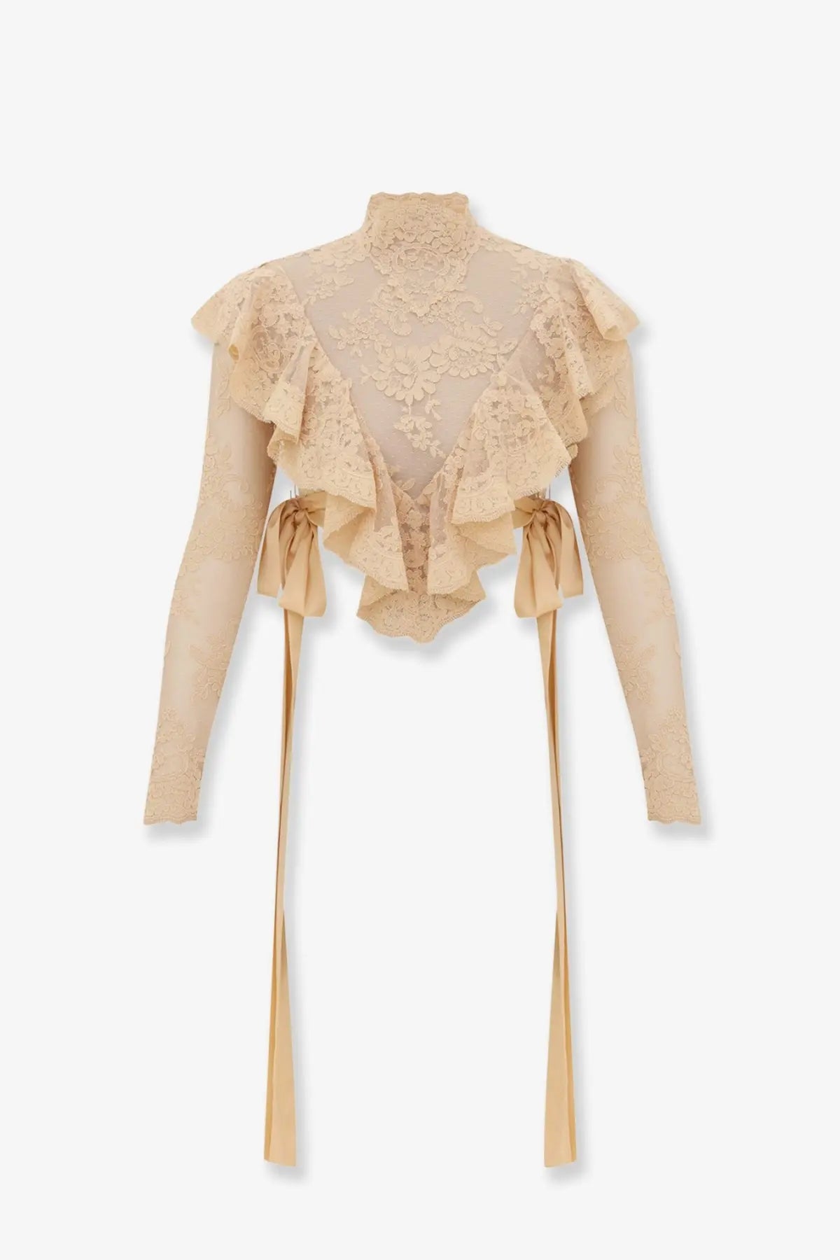 Beige Zimmermann women’s Luna lace top with ruffled sleeves and tied ribbon ties in delicate lace fabric