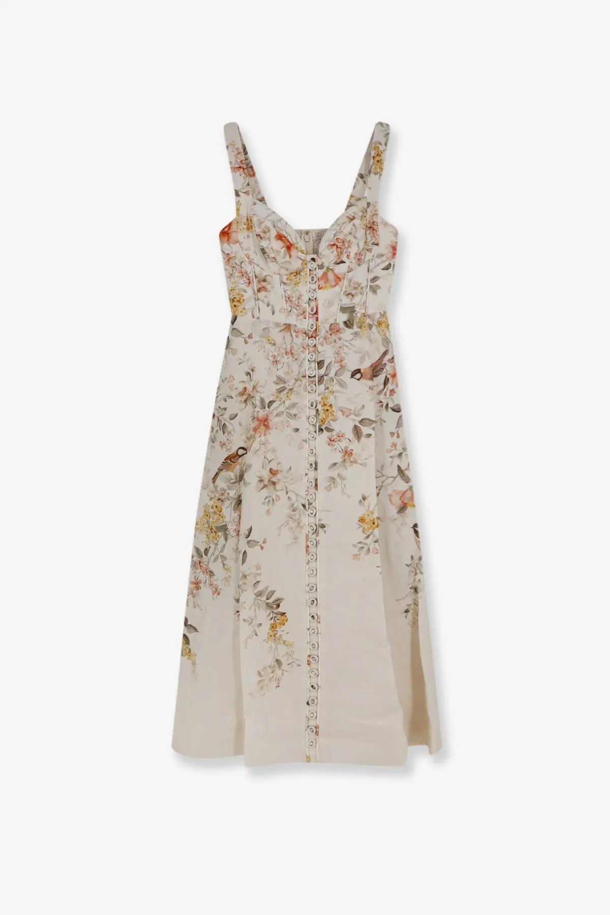 Zimmermann women’s luna linen midi dress white with off-white floral button-front design and thin straps featuring pastel blossoms and birds