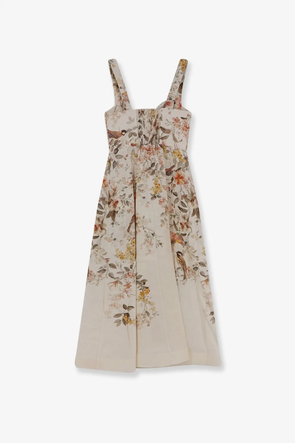Zimmermann women’s luna linen midi dress white with slender straps and delicate off-white floral bird print