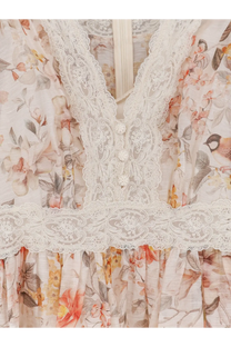 Zimmermann women’s luna linen and silk dress white featuring a delicate cream floral design with white lace trim and v neckline