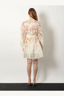 Zimmermann women’s luna linen and silk dress white delicate off-white floral dress with lace trim at neckline and hemline