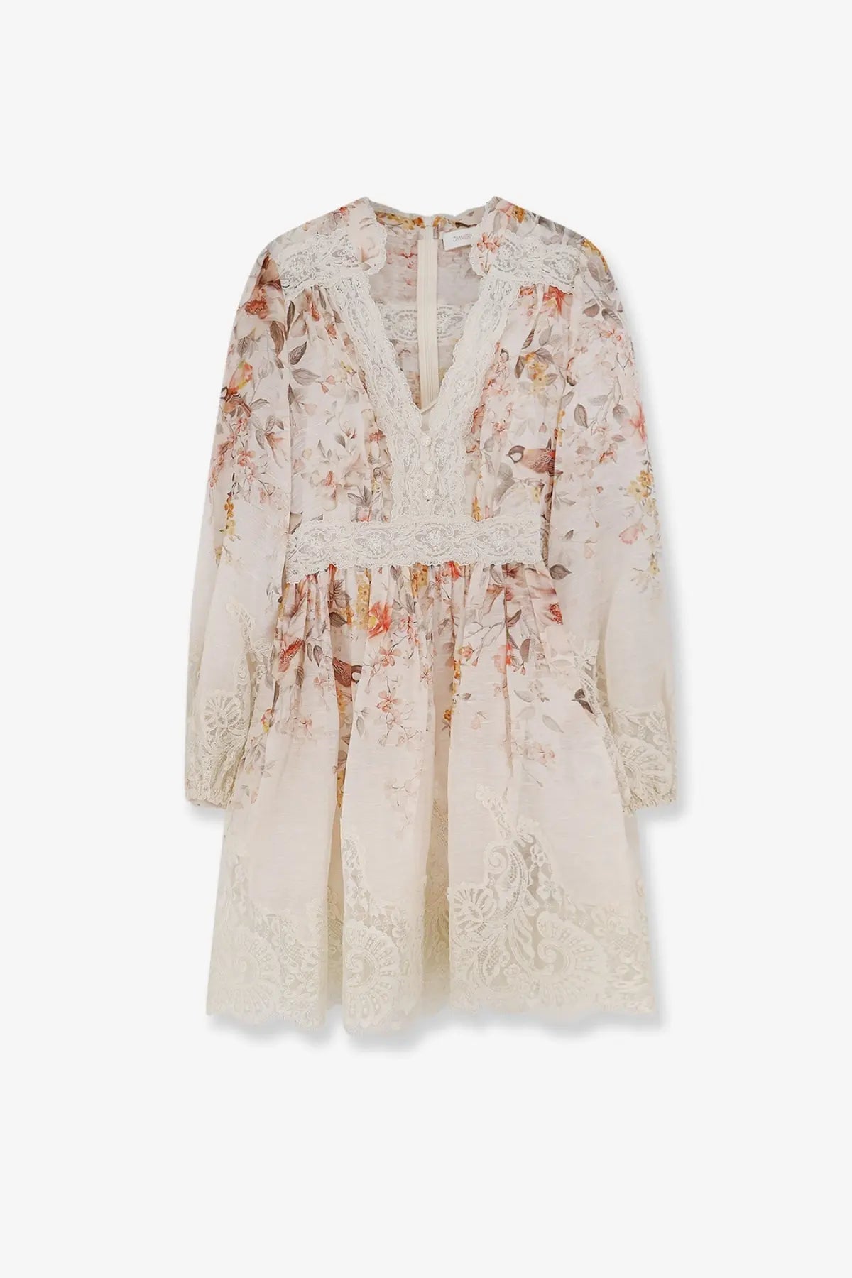 Zimmermann women’s luna linen and silk dress white with delicate ivory floral print long sleeves and lace trim details