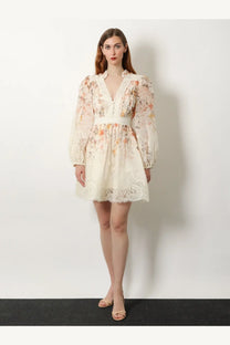 Zimmermann women’s luna linen and silk dress white with delicate ivory floral print lace trim and puffed sleeves