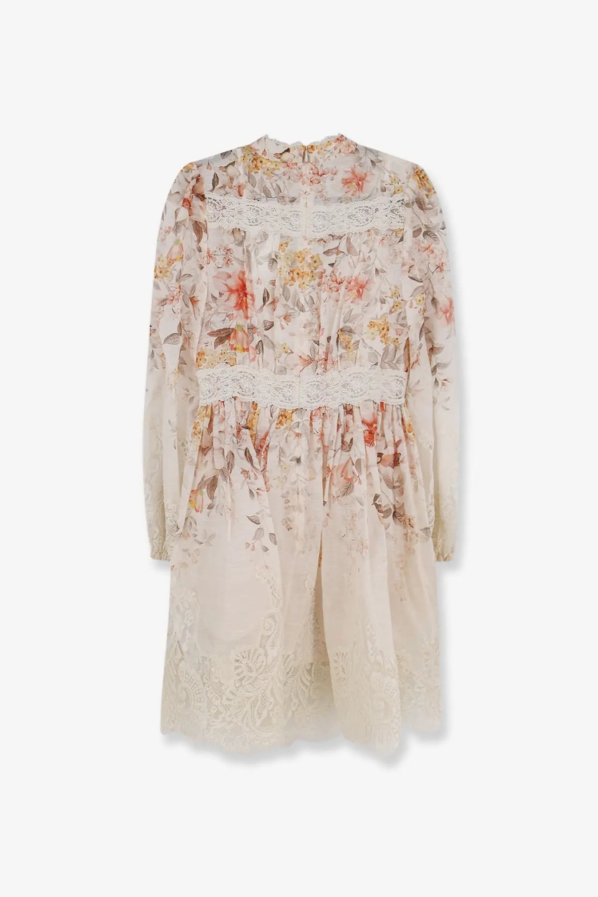 Zimmermann women’s luna linen and silk long-sleeved dress in cream with peach floral print and white lace trim