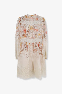 Zimmermann women’s luna linen and silk long-sleeved dress in cream with peach floral print and white lace trim