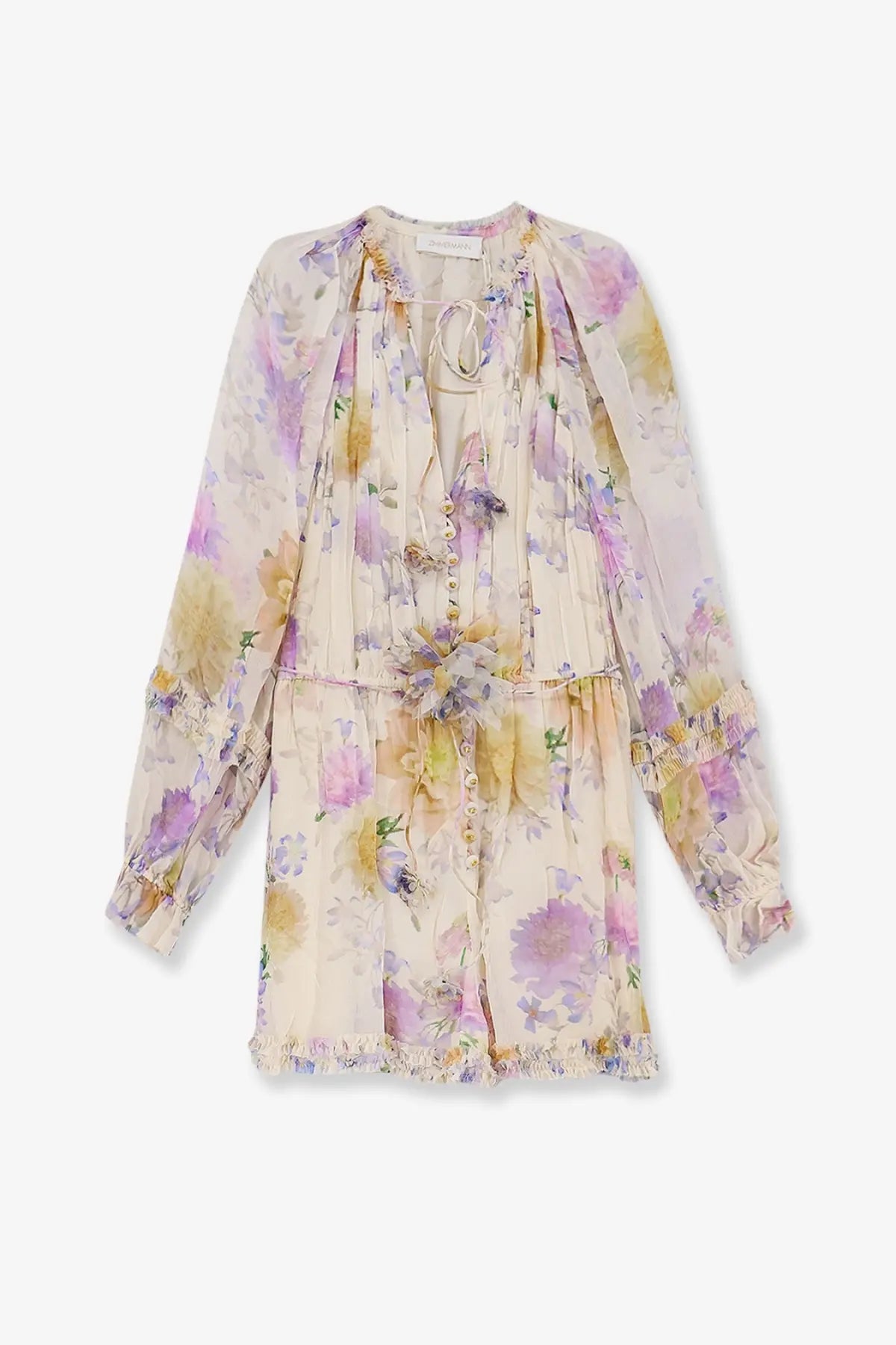 Zimmermann women’s luna multicolor viscose jumpsuit white with delicate long sleeves and a ruffled hemline in pastel hues