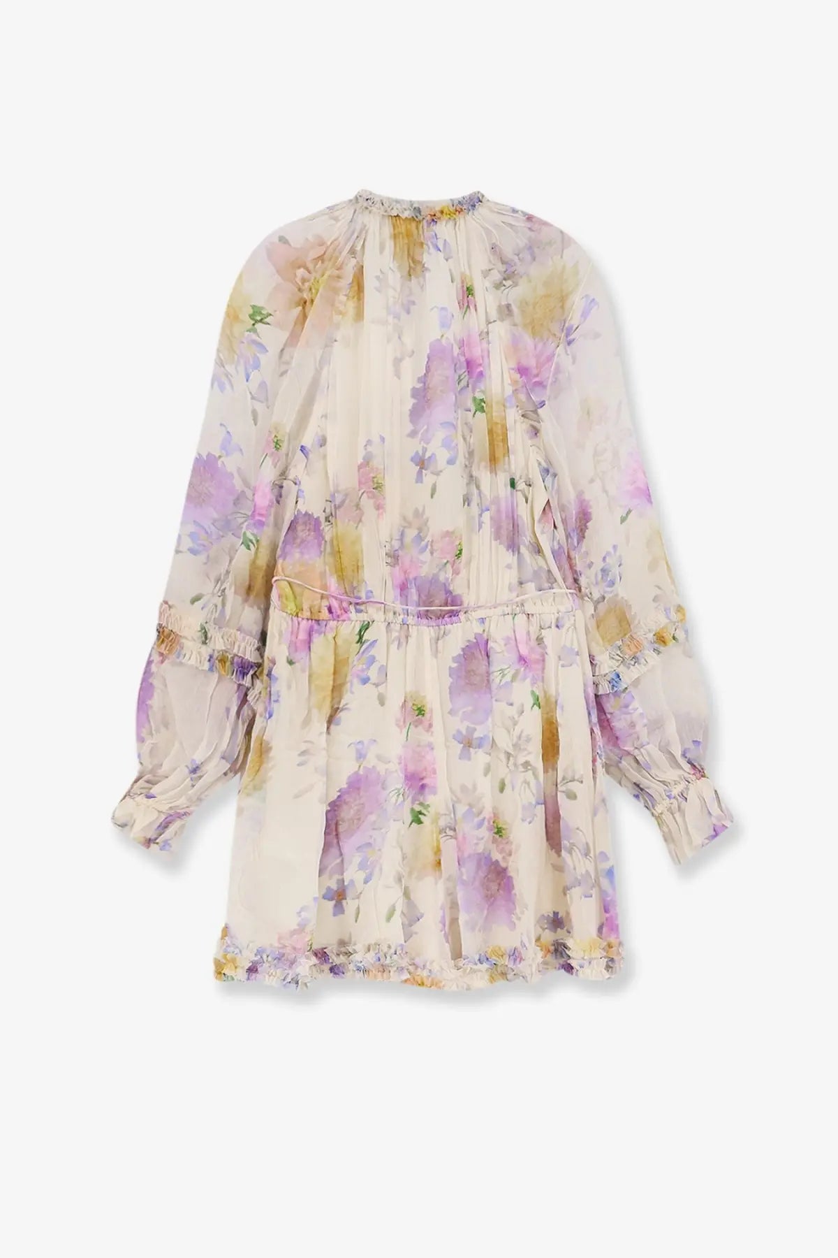 Zimmermann women’s luna multicolor long-sleeved floral dress in pastel lavender yellow viscose on cream fabric