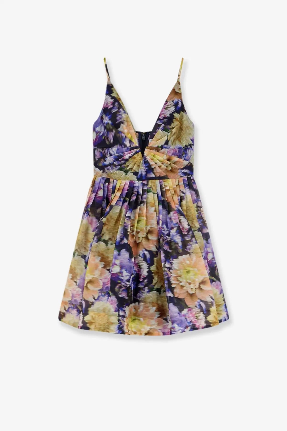 Zimmermann women’s luna silk and linen blend mini dress in blue with vibrant floral print and ruched bodice