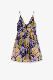 Zimmermann women’s luna silk and linen blend mini dress in blue with vibrant floral print and ruched bodice