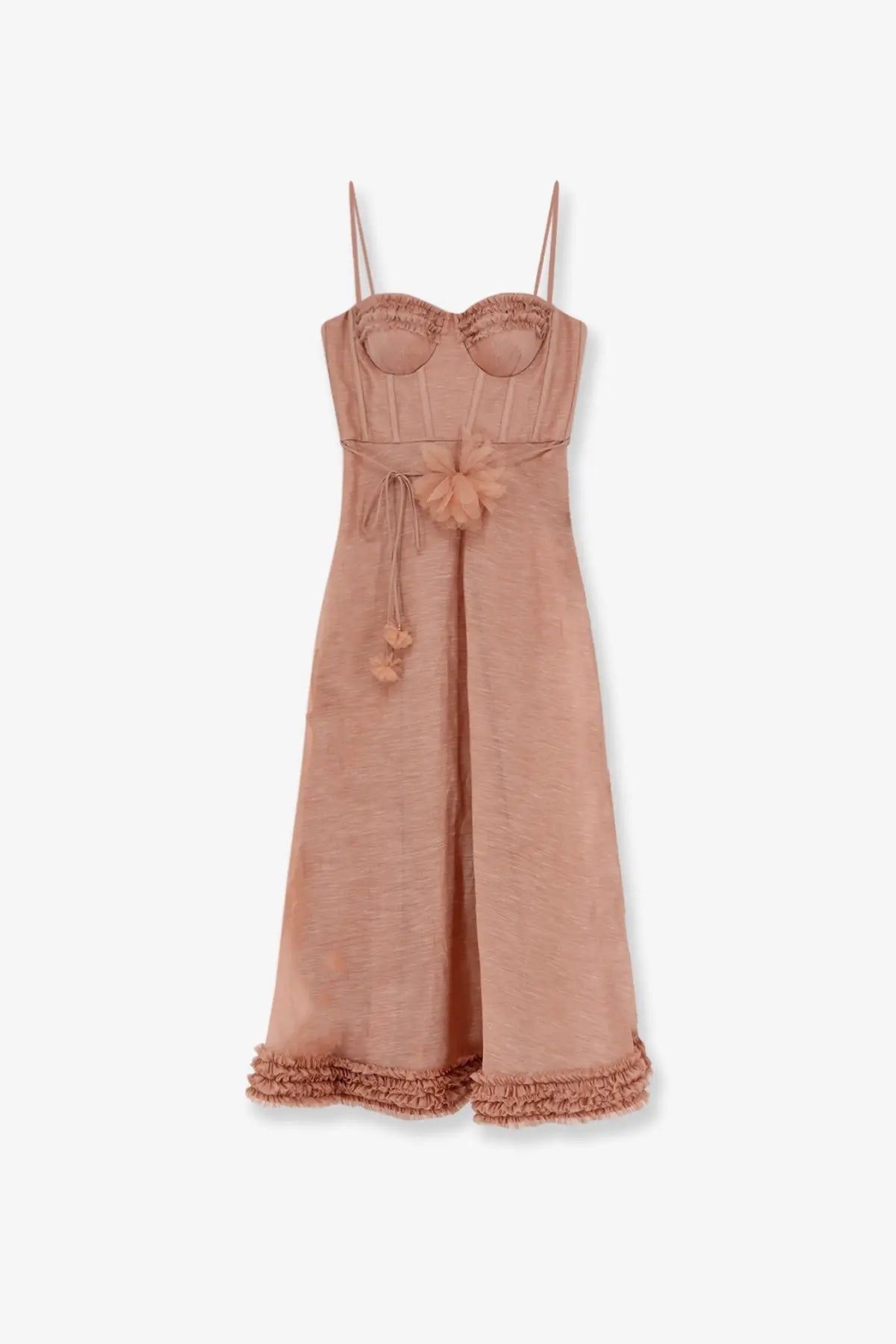 Zimmermann women’s luna silk and linen blend midi dress peony dusty rose with spaghetti straps and lace corseted bodice