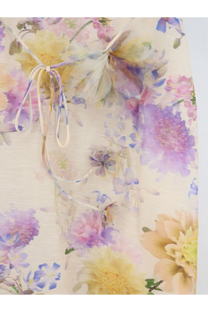 Zimmermann women’s luna silk and linen blend midi dress in white with sheer floral pastel watercolor print and thin tie straps