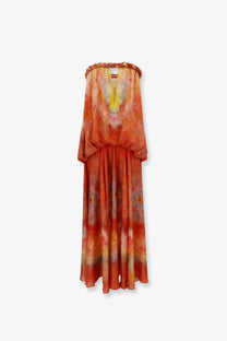 Zimmermann women’s luna twist bandeau silk maxi dress in vibrant orange and yellow tie-dye with braided neckline trim