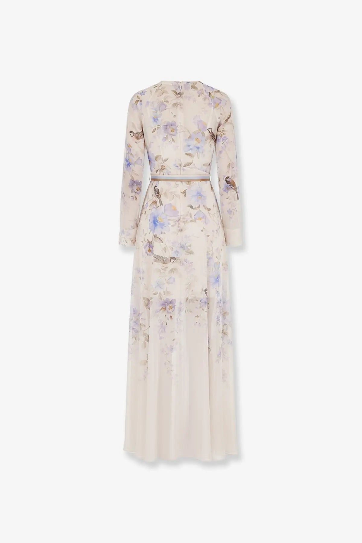 Zimmermann women’s luna viscose dress in cream with long sleeves featuring lavender blue florals and bird motifs