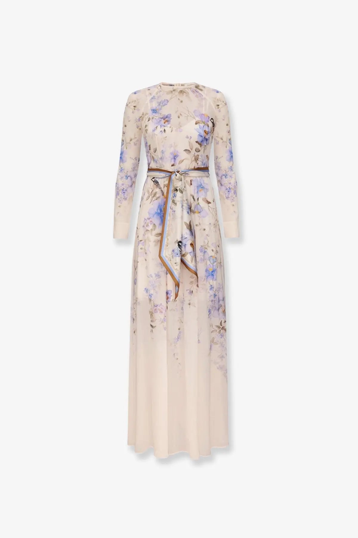 Zimmermann women’s luna viscose dress blue midi dress with long sleeves beige with lavender floral patterns and satin belt