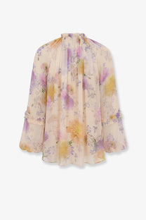 Zimmermann women’s luna viscose shirt white sheer blouse with pastel watercolor floral pattern on ivory base