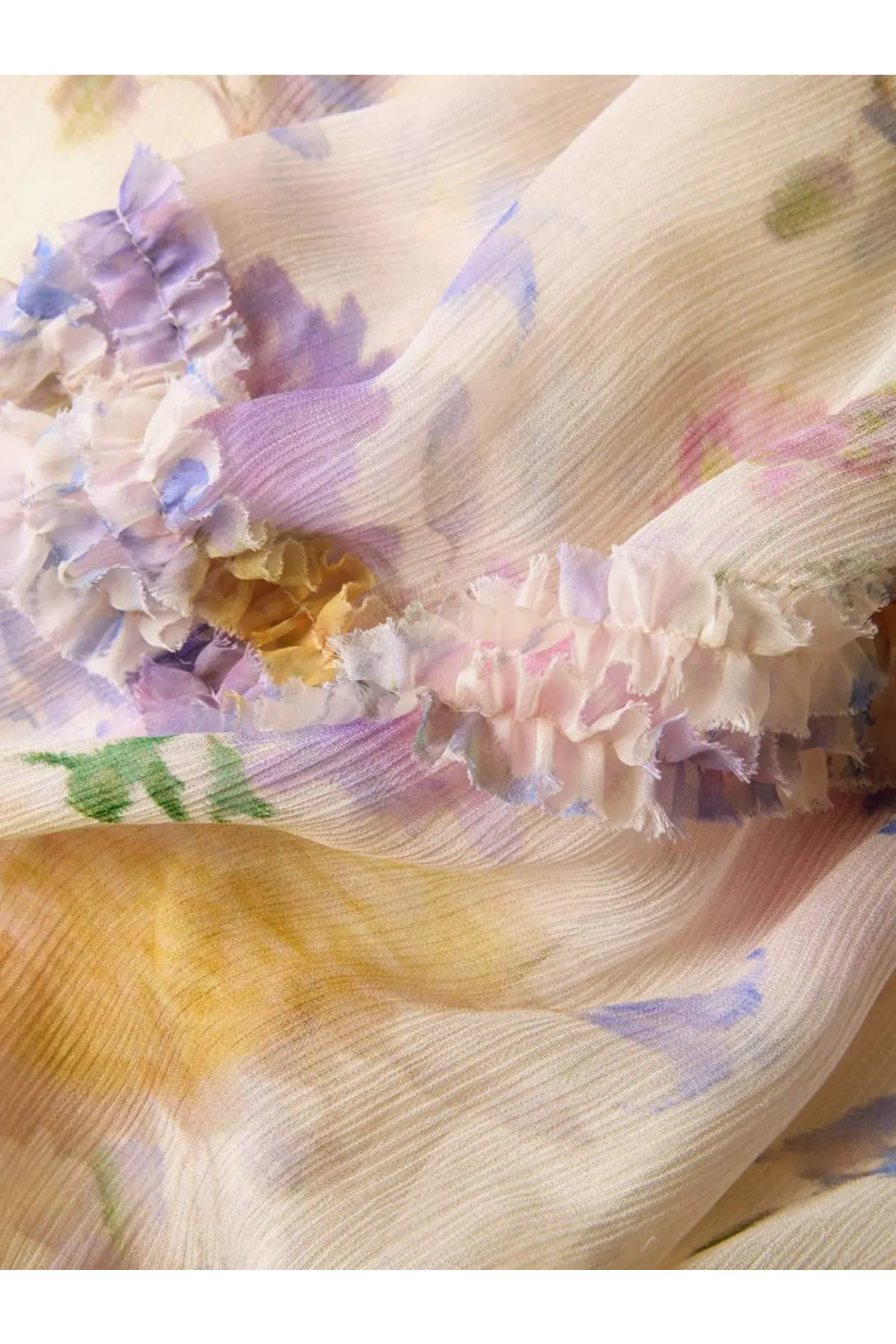 Zimmermann women’s luna viscose shirt white paired with a delicate sheer chiffon scarf with pastel floral print and ruffles