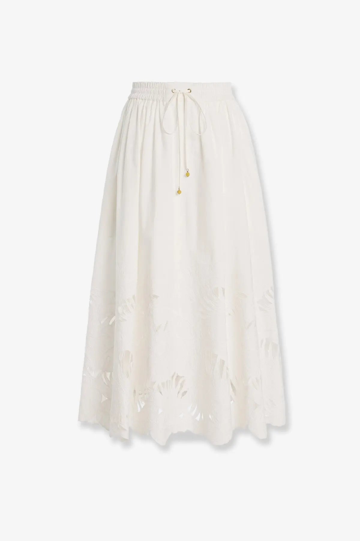 Zimmermann women’s mahon cotton skirt white flowing off-white midi skirt with floral cut-out detailing and drawstring waist