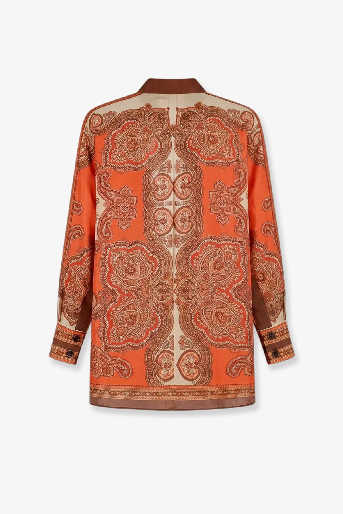 Zimmermann women’s mahon dolman silk shirt in orange with intricate brown and cream paisley pattern