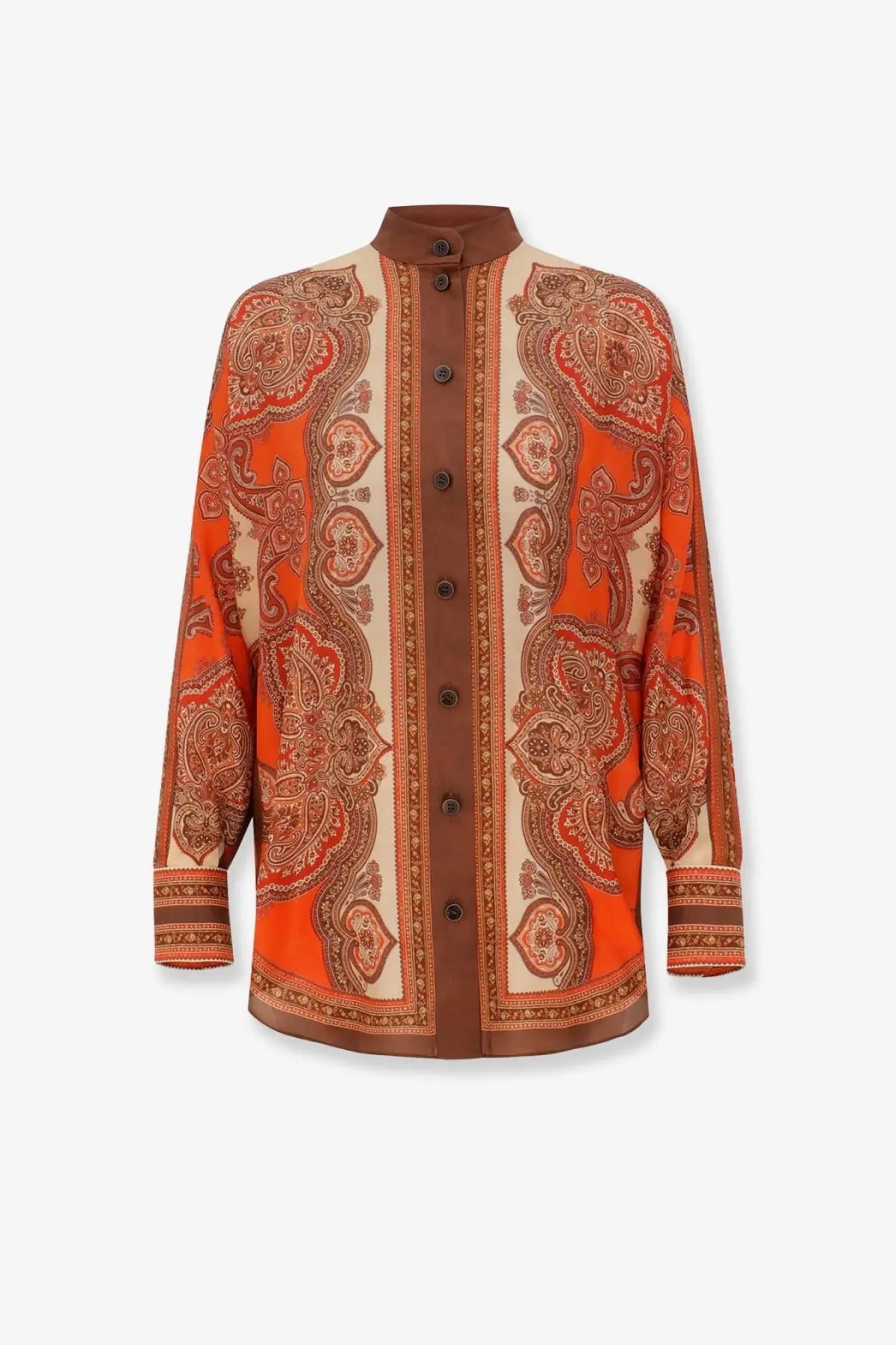 Zimmermann women’s Mahon Dolman silk shirt multicolor vibrant orange and cream paisley blouse with brown buttons