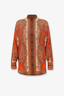 Zimmermann women’s Mahon Dolman silk shirt multicolor vibrant orange and cream paisley blouse with brown buttons