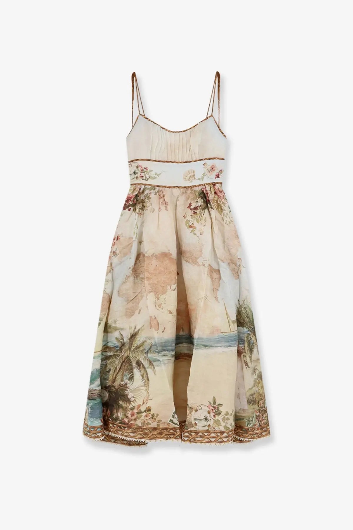 Beige linen sundress by zimmermann with world map and tropical beach print featuring spaghetti straps and brown trim