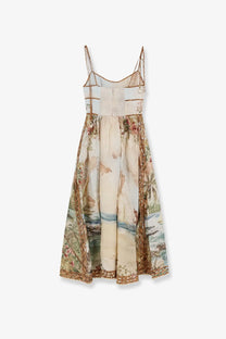 Zimmermann womens Mahon linen dress gold cream midi with floral coastal print thin straps and brown woven trim