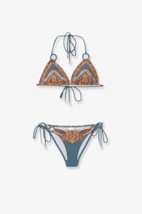 Zimmermann women’s Mahon nylon bikini blue in teal and gold with intricate lace detailing and patterned triangle top