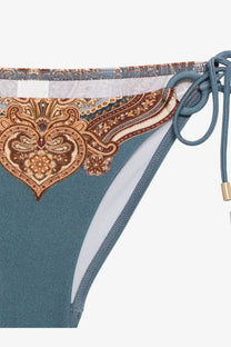 Zimmermann women’s mahon nylon bikini blue bottom in teal and white with detailed brown paisley pattern on front